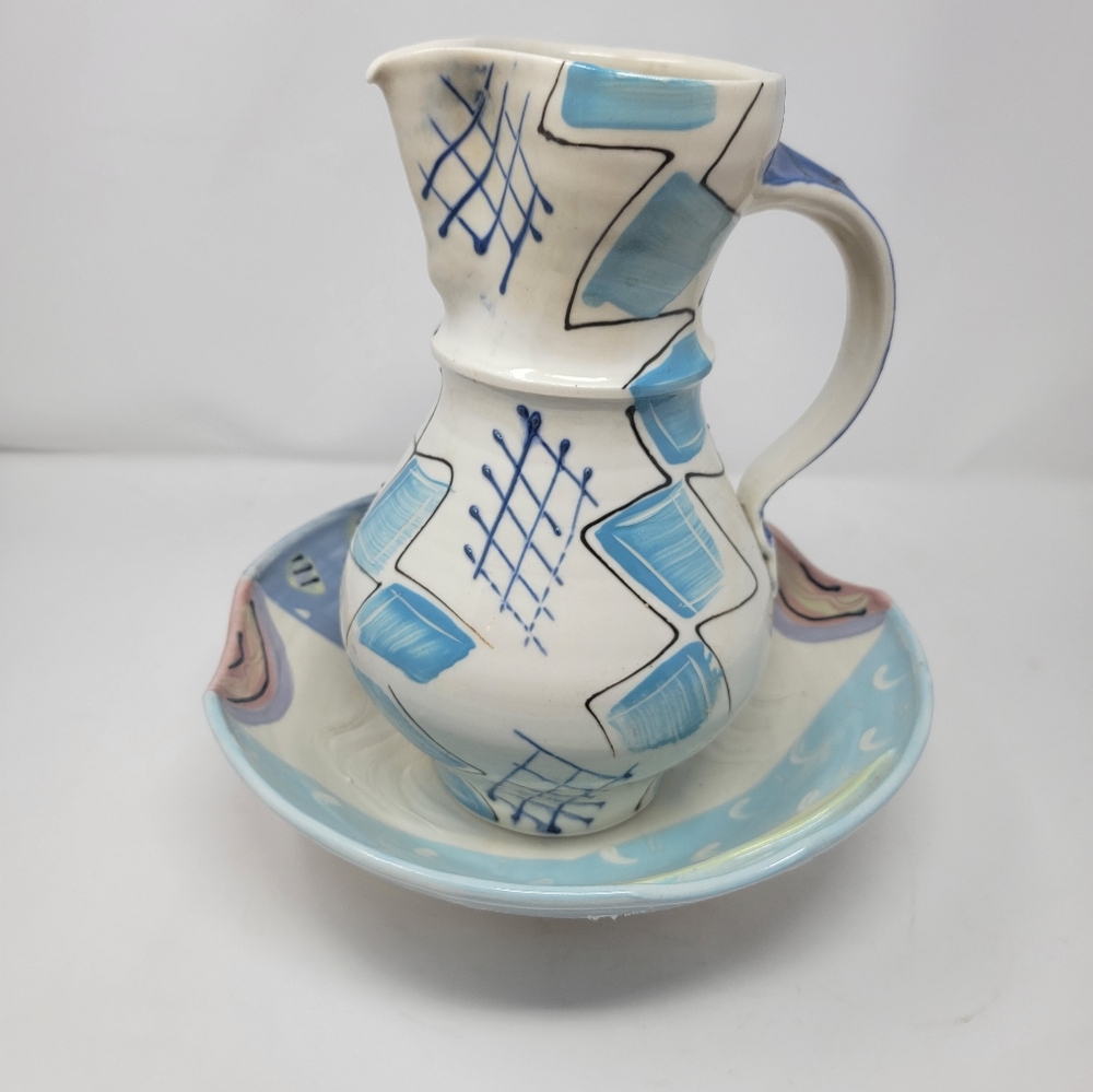Vintage Art Deco Style Ceramic Pitcher And Bowl Retro Unique Designed